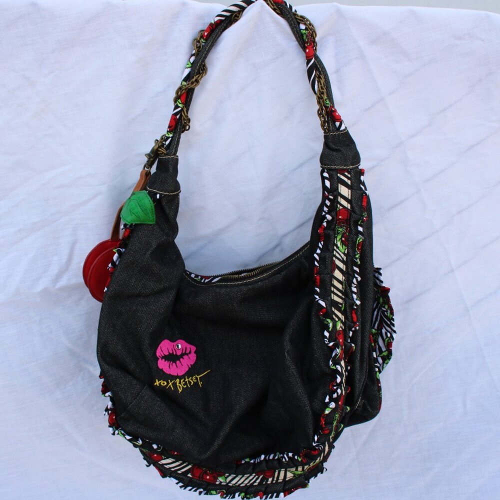 Betseyville by Betsey Johnson Denim Hobo Shoulder Bag with Cherry Charm Y2K - Picture 6 of 6